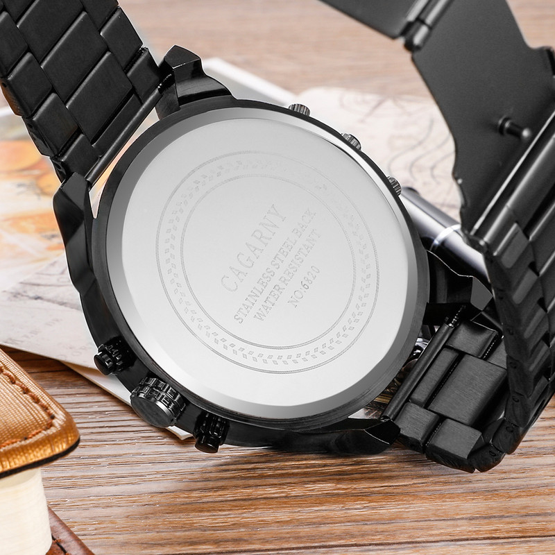 Cool crni muški sat od nehrđajućeg čelika Vrhunski luksuzni brend Cagarny 6820 Muški kvarcni satovi s dva zaslona Mlitary Relogio Masculino
