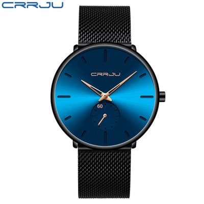 Ρολόι για άντρες CRRJU Κορυφαία επωνυμία Causal Ultra-thin Mesh Steel Wristwatch Ανδρικό Μαύρο Αθλητικό Αδιάβροχο ρολόι χαλαζία Relogio Masculino