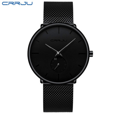 Ρολόι για άντρες CRRJU Κορυφαία επωνυμία Causal Ultra-thin Mesh Steel Wristwatch Ανδρικό Μαύρο Αθλητικό Αδιάβροχο ρολόι χαλαζία Relogio Masculino