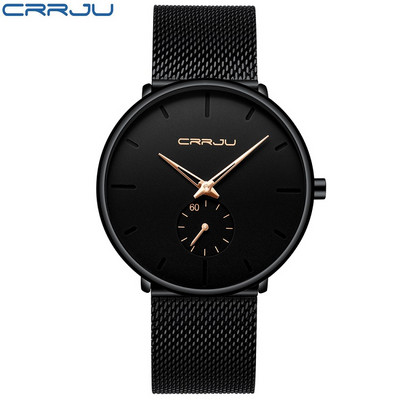 Ρολόι για άντρες CRRJU Κορυφαία επωνυμία Causal Ultra-thin Mesh Steel Wristwatch Ανδρικό Μαύρο Αθλητικό Αδιάβροχο ρολόι χαλαζία Relogio Masculino