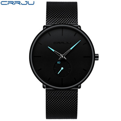 Ρολόι για άντρες CRRJU Κορυφαία επωνυμία Causal Ultra-thin Mesh Steel Wristwatch Ανδρικό Μαύρο Αθλητικό Αδιάβροχο ρολόι χαλαζία Relogio Masculino