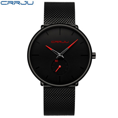 Ρολόι για άντρες CRRJU Κορυφαία επωνυμία Causal Ultra-thin Mesh Steel Wristwatch Ανδρικό Μαύρο Αθλητικό Αδιάβροχο ρολόι χαλαζία Relogio Masculino