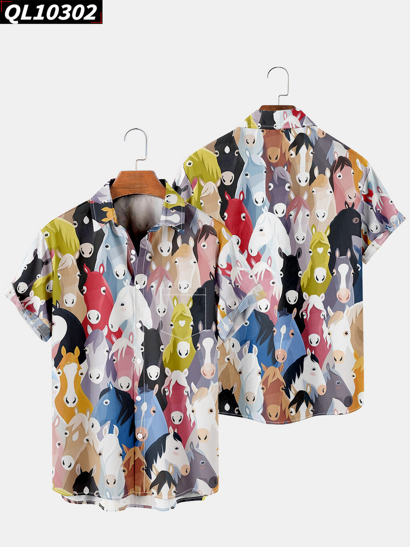 Cămăși cu imprimeu cu cai drăguți pentru bărbați de vară 2022 Cămăși cu mânecă scurtă cu nasturi Harajuku Vintage Bluze la modă