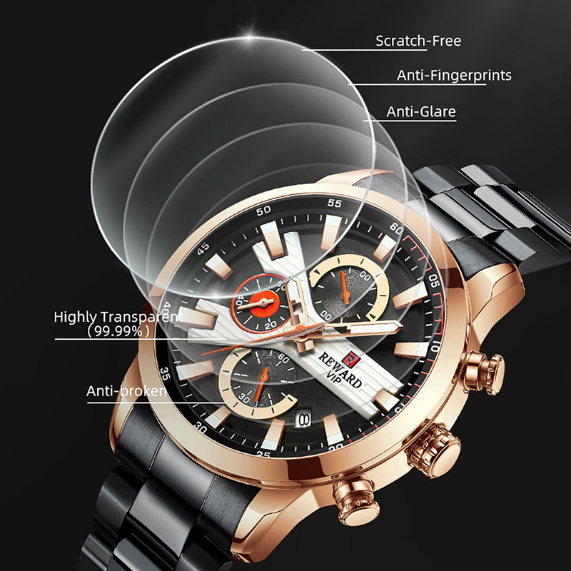 REWARD VIP divatos férfi karóra üzleti rozsdamentes acél kvarcórák világító kronográfos órák férfi karóra