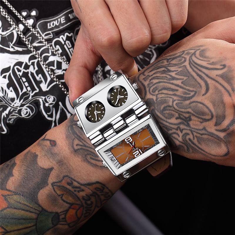 OULM liels rokas pulkstenis vīriešu kvarca pulkstenis 3 laika joslā unikāls dizains vīriešu sporta pulksteņi panka stila vīriešu stundas