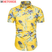 Dzeltena ananāsu apdruka Havaju pludmales krekls vīriešiem ar īsām piedurknēm, pogām uz leju Aloha krekli Vīriešu ikdienas brīvdienu apģērbs 2XL