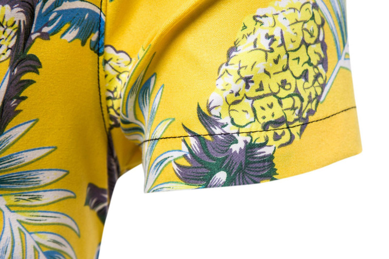 Dzeltena ananāsu apdruka Havaju pludmales krekls vīriešiem ar īsām piedurknēm, pogām uz leju Aloha krekli Vīriešu ikdienas brīvdienu apģērbs 2XL