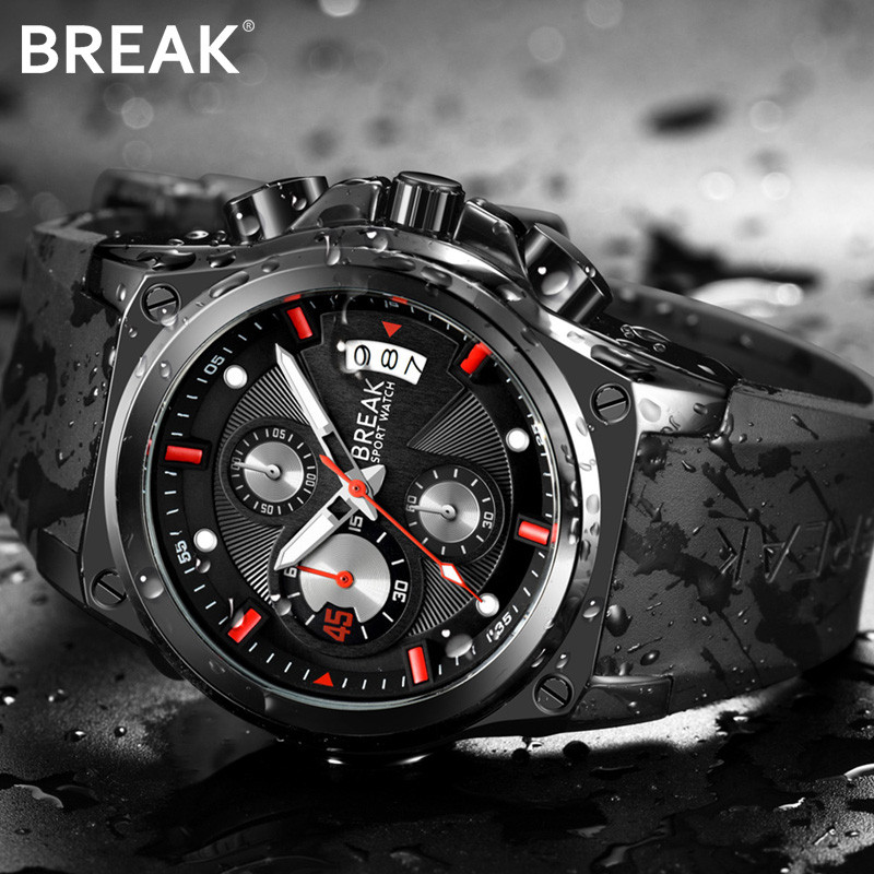 BREAK Muški luksuzni popularni brend Ležerni modni ručni sat Sportski kronografski kalendar Vodootporni Relogio kvarcni sat s gumenom trakom