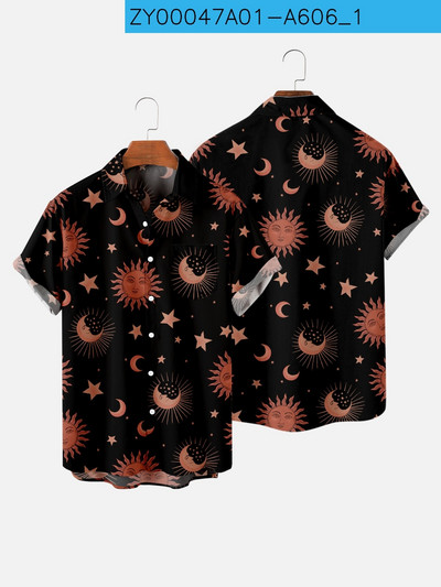 New Moon Shirt y2k hombre Harajuku vékony felnőtt hawaii ing Rövid ujjú bő csillag és hold mintás strand felsők