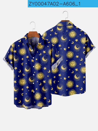 New Moon Shirt y2k hombre Harajuku vékony felnőtt hawaii ing Rövid ujjú bő csillag és hold mintás strand felsők