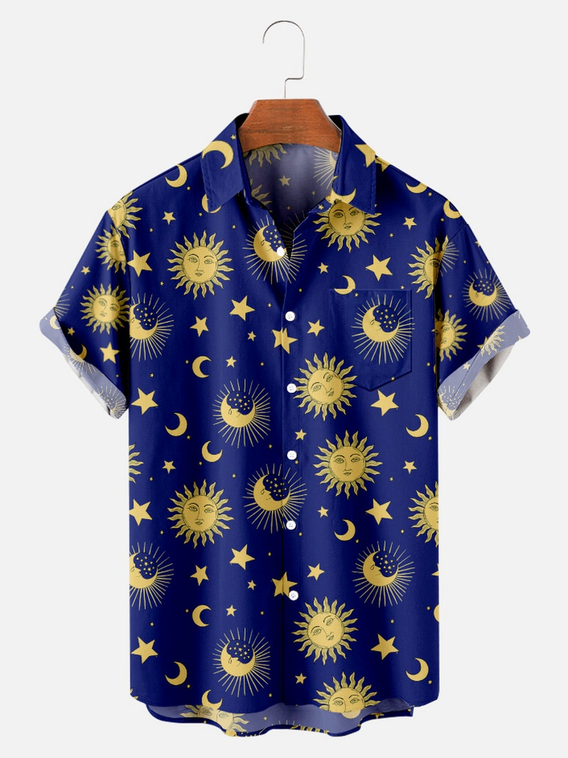 New Moon Shirt y2k hombre Harajuku vékony felnőtt hawaii ing Rövid ujjú bő csillag és hold mintás strand felsők