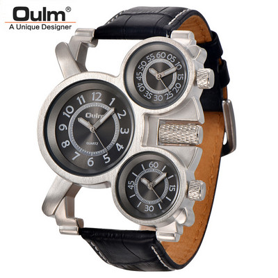 Oulm trīs laika joslu vīriešu kvarca pulksteņi gadījuma rakstura vairāku laika zonu pulkstenis unikāls luksusa vīriešu sporta rokas pulkstenis relogio masculino