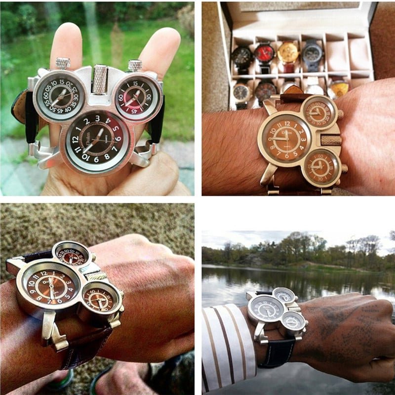 Oulm trīs laika joslu vīriešu kvarca pulksteņi gadījuma rakstura vairāku laika zonu pulkstenis unikāls luksusa vīriešu sporta rokas pulkstenis relogio masculino