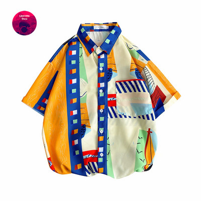 Nyári férfi ingek Fiatalos vitalitás divat Utcai ruházat Harajuku rövid ujjú ingek Férfi Alkalmi Férfi Ruházat Nyomtatott ing Férfi