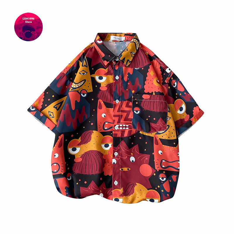 Nyári férfi ingek Fiatalos vitalitás divat Utcai ruházat Harajuku rövid ujjú ingek Férfi Alkalmi Férfi Ruházat Nyomtatott ing Férfi