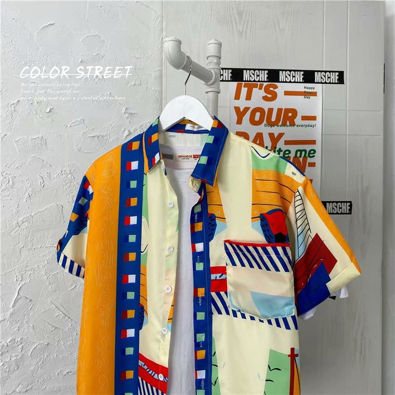 Nyári férfi ingek Fiatalos vitalitás divat Utcai ruházat Harajuku rövid ujjú ingek Férfi Alkalmi Férfi Ruházat Nyomtatott ing Férfi