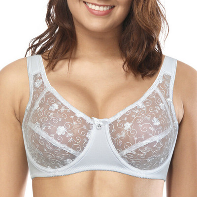 YBCG vientisas baltas nėriniuotas apatinis trikotažas itin plonas be pamušalo moteriškos liemenėlės plius dydžio tinklinis tuščiaviduris liemenėlis, siuvinėjimas gėlėmis