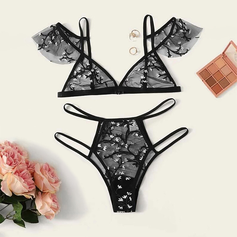 Ženski seksi komplet donjeg rublja Cvjetni vez Prozirno mrežasto donje rublje Perspektivni grudnjak bez leđa Conjunto De Dos Piezas De Moda Para Muje