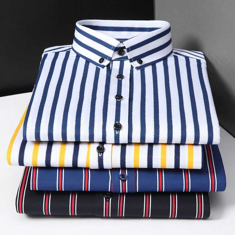 Vīriešu svītrains kleitas krekls ar garām piedurknēm, pogām uz leju apkakle, elastīga formāla biroja biznesa regulāra piegriezuma mīksta vīriešu eleganta ikdienas krekls