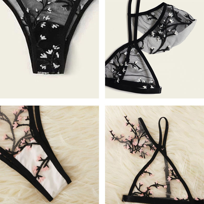 Nieuwe Sexy Beha Bloemen Borduren Läbipaistvast võrgust naistepesu komplekt Push Up Bralette + õõnsad stringid Vrouwen Seksikad intiimsuhted