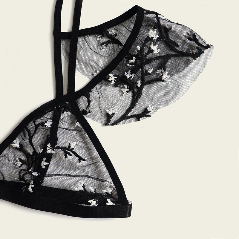 Nieuwe Sexy Beha Bloemen Borduren Läbipaistvast võrgust naistepesu komplekt Push Up Bralette + õõnsad stringid Vrouwen Seksikad intiimsuhted