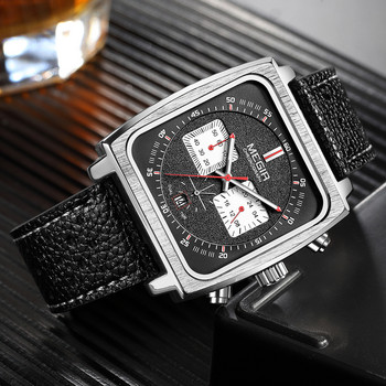 MEGIR моден син кожен часовник мъжки топ марка луксозен квадратен циферблат хронограф военни кварцови часовници за мъже с дата 24 часа