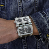 Oulm HP9525 kahekordse sihverplaadiga ainulaadsed meeste käekellad, kolme ajavööndiga suur meeste spordikell Nahast meeste kvartskäekellad