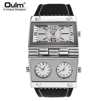 Μοναδικά ανδρικά ρολόγια Oulm HP9525 Double Dial Three Time Zone Ανδρικό αθλητικό ρολόι μεγάλου μεγέθους Δερμάτινο ανδρικό ρολόγια χειρός Quartz