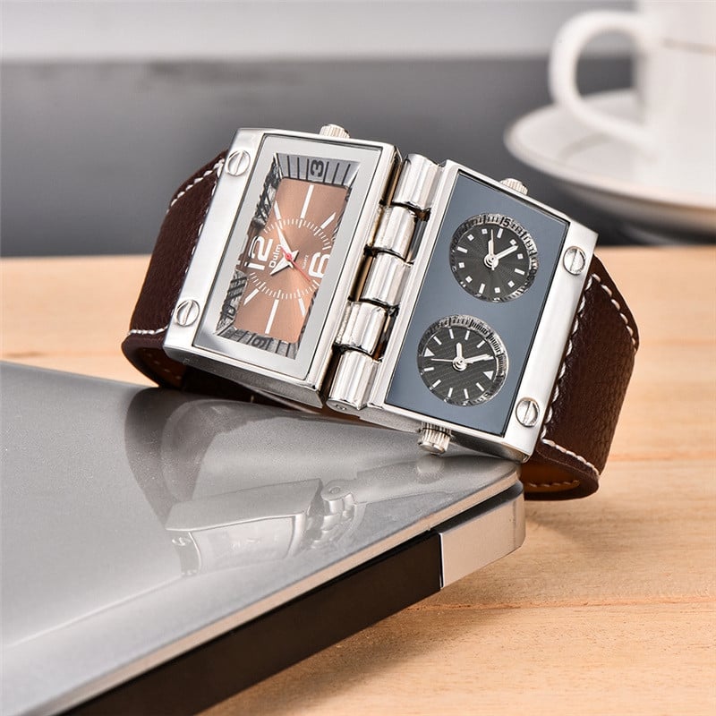 Oulm HP9525 kahekordse sihverplaadiga ainulaadsed meeste käekellad, kolme ajavööndiga suur meeste spordikell Nahast meeste kvartskäekellad