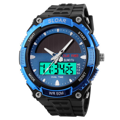 1 gab LED displejs digitālais pulkstenis Dual Time Fashion Saules pulksteņi Ūdensizturīgs 44 mm pulksteņa atbalsts 5 krāsu fona apgaismojums