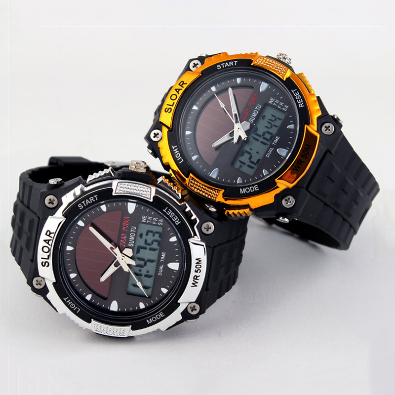 1 gab LED displejs digitālais pulkstenis Dual Time Fashion Saules pulksteņi Ūdensizturīgs 44 mm pulksteņa atbalsts 5 krāsu fona apgaismojums