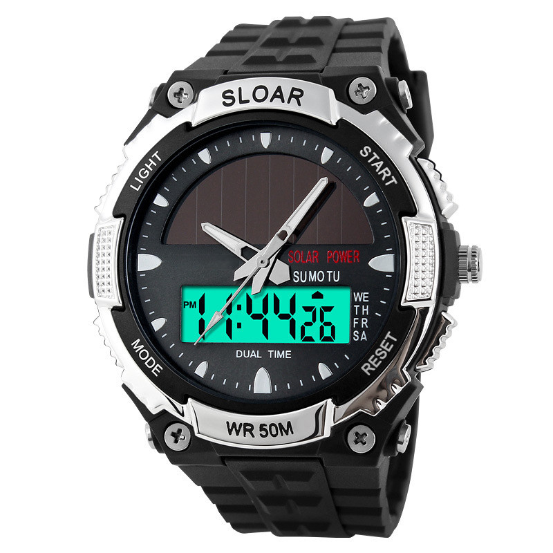 1 gab LED displejs digitālais pulkstenis Dual Time Fashion Saules pulksteņi Ūdensizturīgs 44 mm pulksteņa atbalsts 5 krāsu fona apgaismojums