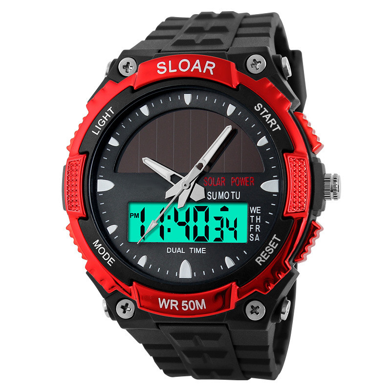 1 gab LED displejs digitālais pulkstenis Dual Time Fashion Saules pulksteņi Ūdensizturīgs 44 mm pulksteņa atbalsts 5 krāsu fona apgaismojums