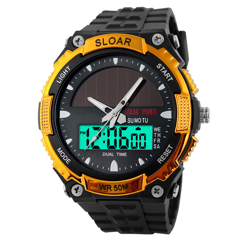 1 gab LED displejs digitālais pulkstenis Dual Time Fashion Saules pulksteņi Ūdensizturīgs 44 mm pulksteņa atbalsts 5 krāsu fona apgaismojums