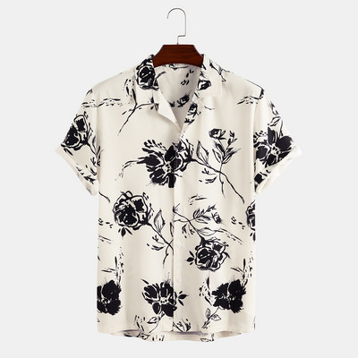 Férfi fehér rózsa mintás rövid ujjú ing alkalmi gombos hajtóka Vintage Street Dragon Print ing S-5XL