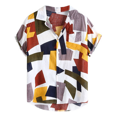Hawaii ing pamut férfi rövid ujjú geometriai nyomat színes blokk nyári strand alkalmi férfi ing XXL nagy méretű hawaii ing