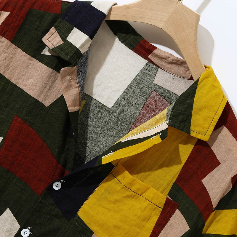 Hawaii ing pamut férfi rövid ujjú geometriai nyomat színes blokk nyári strand alkalmi férfi ing XXL nagy méretű hawaii ing