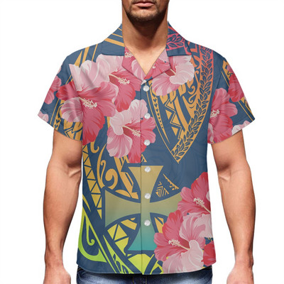 2022 polinéz törzs Wallis és Futuna virág Harajuku nyári férfi ing, nyomott szürke ing