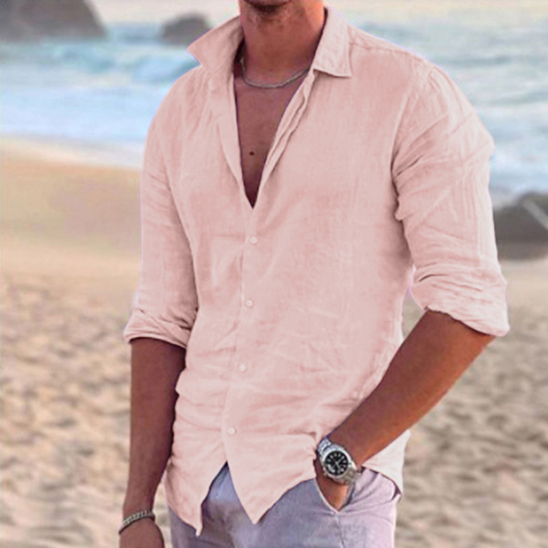 Vasaras vīriešu krekli Kokvilnas lina vienkrāsains ikdienišķs brīvs krekls ar garām piedurknēm apkakles krekli vīriešu apakšmalas pludmales krekli 2022. g.