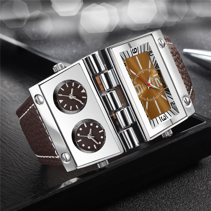 OULM 9525 Голям уникален дизайн Мъжки часовник Три часови зони Уникални мъжки военни часовници Пънк стил Ръчен часовник с кожена каишка