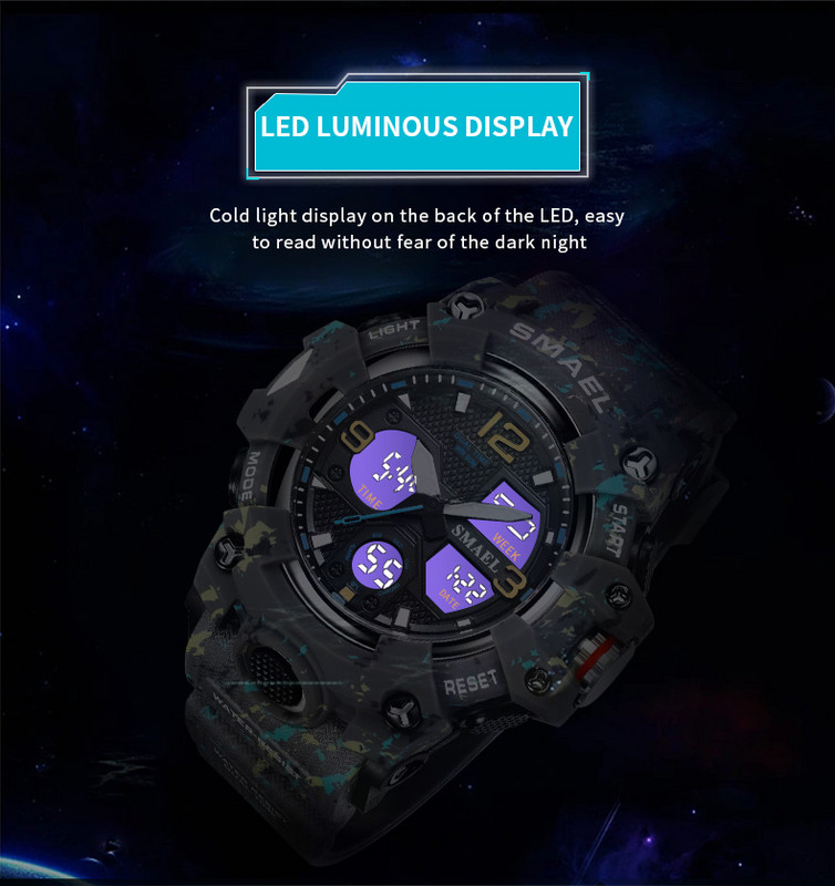 SMAEL prekės ženklo vyriški sportiniai laikrodžiai dvigubo ekrano analoginiai skaitmeniniai LED elektroniniai kvarciniai rankiniai laikrodžiai vandeniui atsparus plaukimo karinis laikrodis