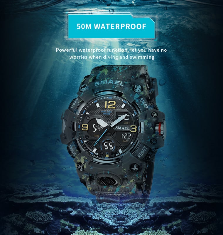 SMAEL prekės ženklo vyriški sportiniai laikrodžiai dvigubo ekrano analoginiai skaitmeniniai LED elektroniniai kvarciniai rankiniai laikrodžiai vandeniui atsparus plaukimo karinis laikrodis