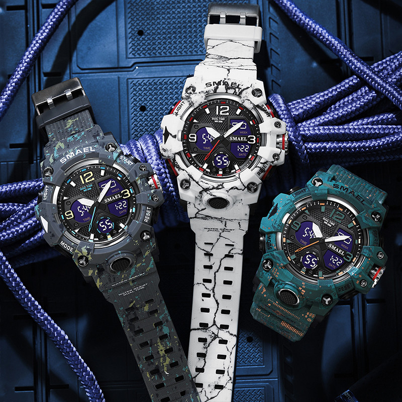 SMAEL prekės ženklo vyriški sportiniai laikrodžiai dvigubo ekrano analoginiai skaitmeniniai LED elektroniniai kvarciniai rankiniai laikrodžiai vandeniui atsparus plaukimo karinis laikrodis