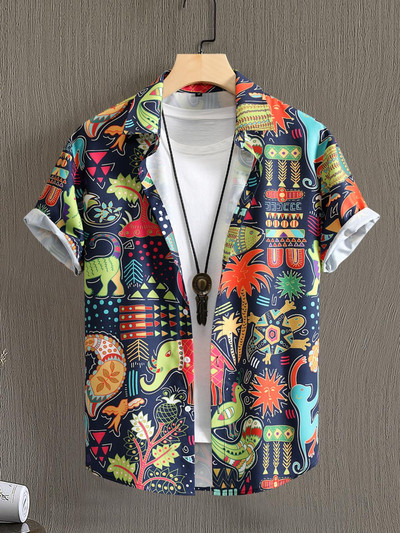 Ανδρικά πουκάμισα 2023 Casual ριγέ χαβανέζικα εμπριμέ κοντομάνικα μπλουζάκια με πέτο Harajuku καλοκαιρινά ανδρικά πουκάμισα 5xl Sport Streetwear