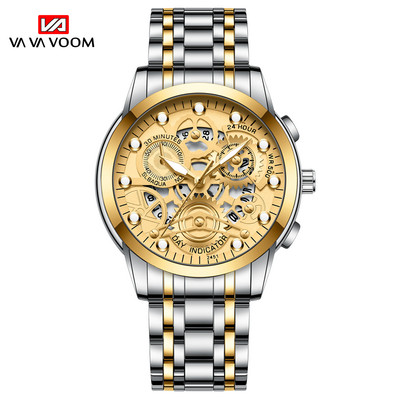 Vīriešu biznesa pulkstenis, skelets, dizains, moderns mehānisks stils, nerūsējošā tērauda kvarca kustības kalendārs, ūdensizturīgs vīriešu rokas pulkstenis