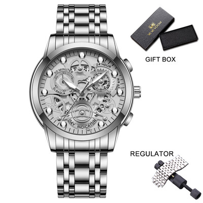 Vīriešu biznesa pulkstenis, skelets, dizains, moderns mehānisks stils, nerūsējošā tērauda kvarca kustības kalendārs, ūdensizturīgs vīriešu rokas pulkstenis