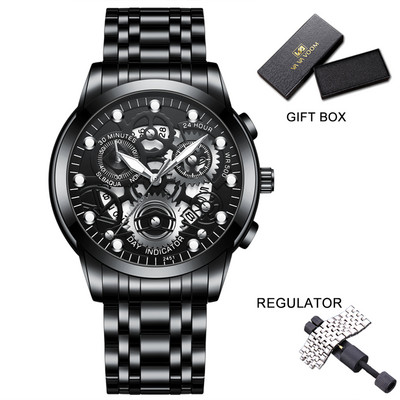Vīriešu biznesa pulkstenis, skelets, dizains, moderns mehānisks stils, nerūsējošā tērauda kvarca kustības kalendārs, ūdensizturīgs vīriešu rokas pulkstenis