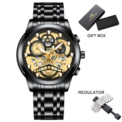 Vīriešu biznesa pulkstenis, skelets, dizains, moderns mehānisks stils, nerūsējošā tērauda kvarca kustības kalendārs, ūdensizturīgs vīriešu rokas pulkstenis