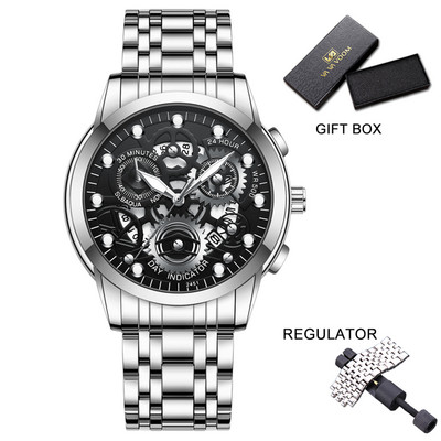 Vīriešu biznesa pulkstenis, skelets, dizains, moderns mehānisks stils, nerūsējošā tērauda kvarca kustības kalendārs, ūdensizturīgs vīriešu rokas pulkstenis