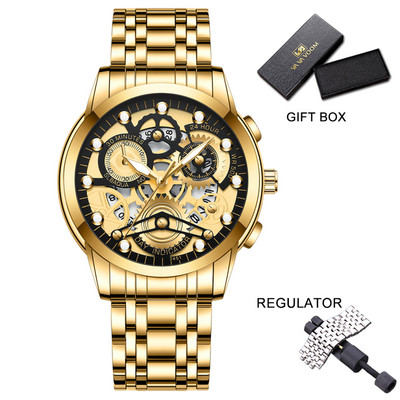 Vīriešu biznesa pulkstenis, skelets, dizains, moderns mehānisks stils, nerūsējošā tērauda kvarca kustības kalendārs, ūdensizturīgs vīriešu rokas pulkstenis